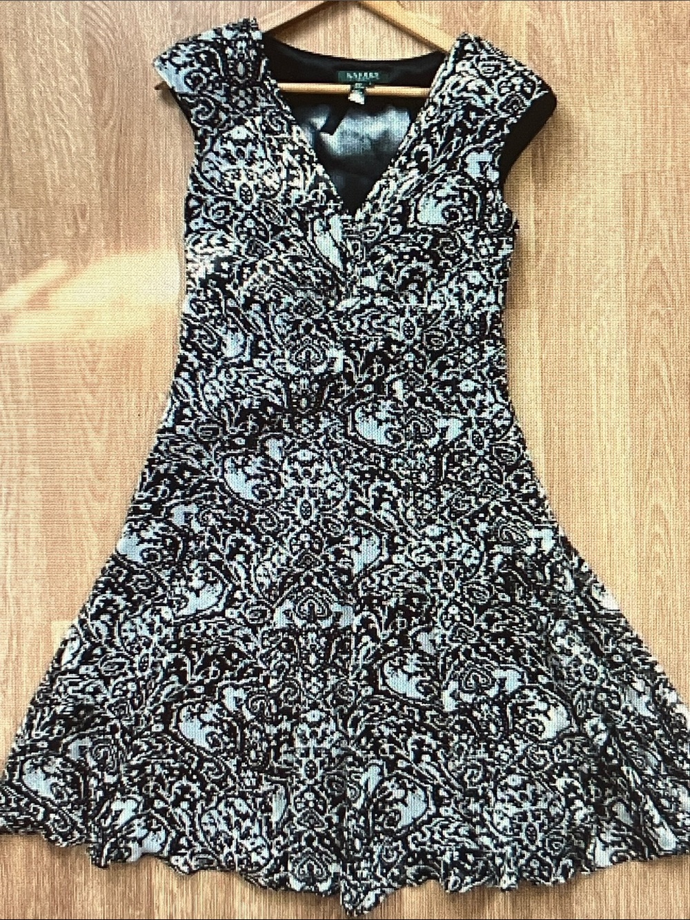 Laura Ashley Black and White Paisley V-Neck Flared Long Sleeve Dress